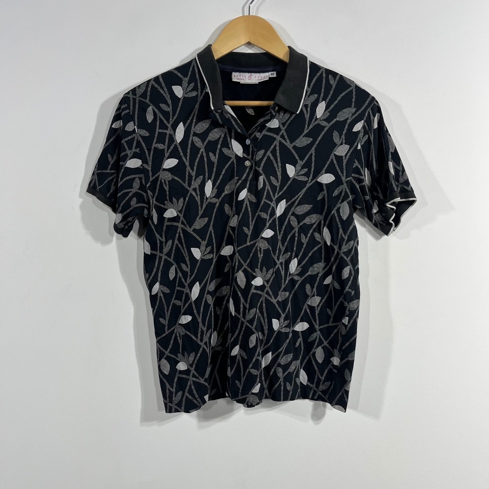 Bette & Court Vintage Leaf Print Polo Shirt Womens Medium Golf Tennis Wimbledon